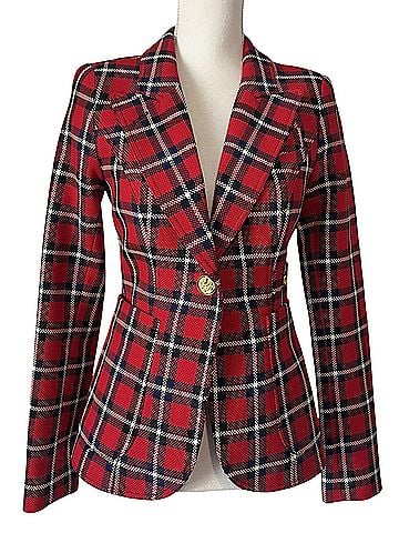 Smythe Patch Pocket Duchess Red Plaid Gold Button Jacket Blazer (view 1)