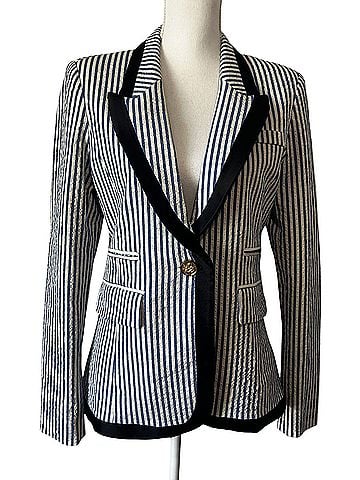 Smythe Taped Peak Lapel Seersucker Blue White Stripe Black Trim Jacket Blazer (view 1)
