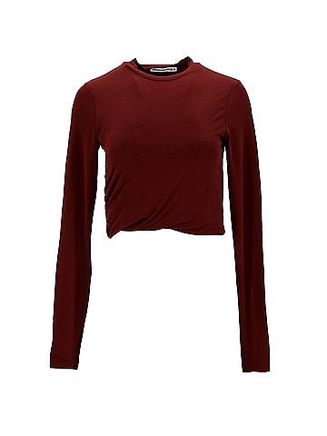 Alexander Wang T by Alexander Wang Long Sleeved Cropped Top in Burgundy Cotton (view 1)
