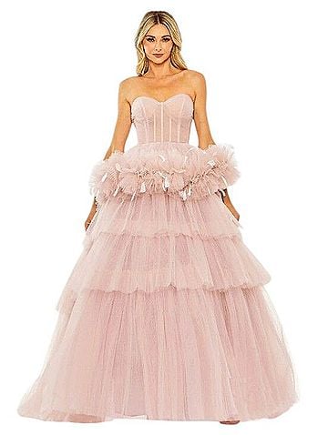 Mac Duggal Rose Pink Strapless Tulle Gown with Feather Detail Cocktail Dress (view 1)