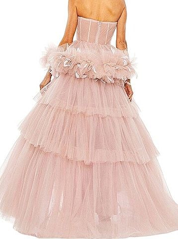 Mac Duggal Rose Pink Strapless Tulle Gown with Feather Detail Cocktail Dress (view 2)