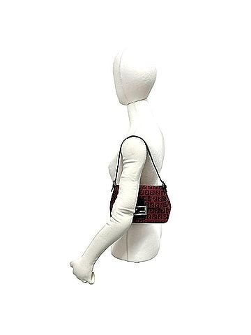 Fendi FENDI Zucchino FF Logo Hardware Canvas Leather Genuine Semi Shoulder Bag Handbag Red Black 77723 (view 2)