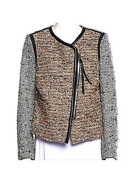 Sandro Tweed Boucle Leather Trim Collarless Moto Jacket Jacket (view 1)