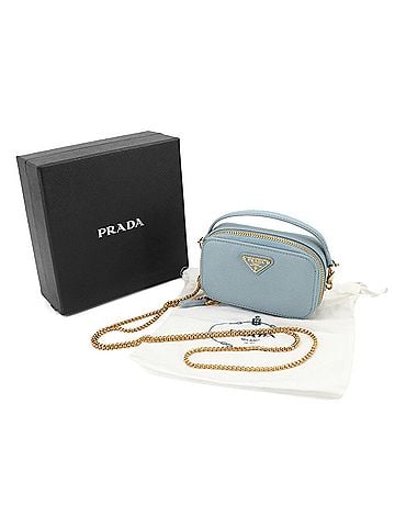 Prada Prada Saffiano Triangle Mini Handbag Pouch Chain Shoulder Leather Light Blue 1NR025 (view 2)