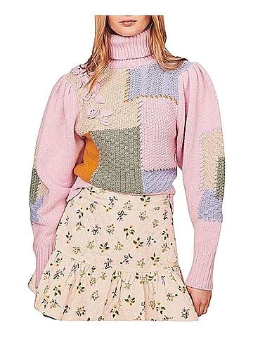 LoveShackFancy Allan Appliquéd Patchwork Knitted Turtleneck Pullover Sweater (view 1)