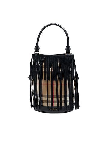 Burberry House Check Canvas and Suede Fringe Bucket Bag (view 1)