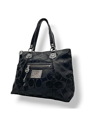 Coach COACH F16290 Poppy Signature Satin Tote Bag, Black Canvas, Patent Leather, Silver Hardware, Shoulder Women's S62 (view 1)