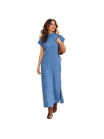 Eileen Fisher Plisse Funnel Neck Casual Dress (view 2)