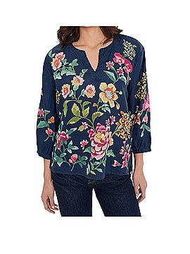Johnny Was Split Neck linen top Long Sleeve Blouse (view 1)