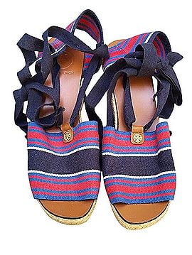 Tory Burch Stripe Wedge Espadrille Ribbon Tie Sandal Sandals (view 1)