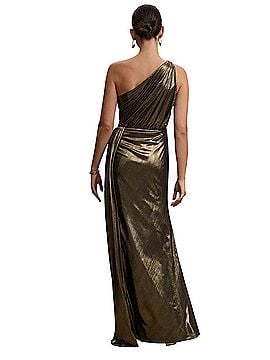 IEENA for Mac Duggal Gold One Shoulder Draped Gown Cocktail Dress (view 2)