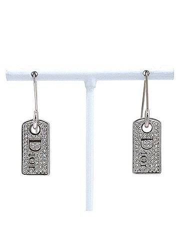 Christian Dior Christian Dior Logo Plate Earrings, Metal x Rhinestone, Silver, Approx. 6.3g, With Logo, Women's (view 1)