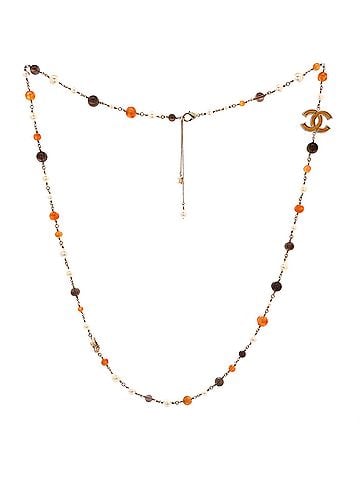 Chanel CC Station Long Necklace Ruthenium with Resin and Faux Pearls (view 2)
