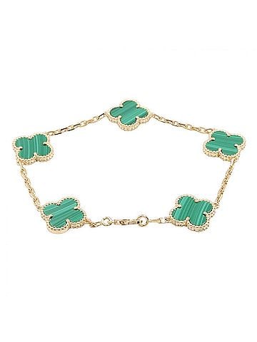 Van Cleef & Arpels Van Cleef &amp; Arpels Vintage Alhambra 5-Motif Malachite Bracelet, 18K (Yellow Gold), Malachite, Women's, Gold/Green Tone, VCARL80900 (view 2)