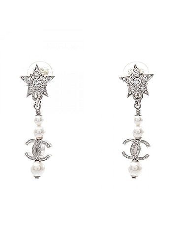 Chanel Chanel Coco Mark Star Swing B20P Earrings - Jewelry, Metal, Rhinestone, Faux Pearl, Women's, Silver, Clear, White (view 1)