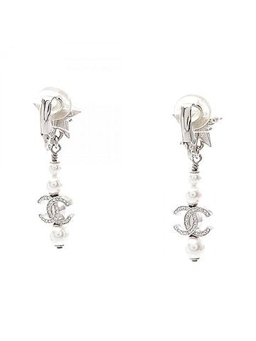 Chanel Chanel Coco Mark Star Swing B20P Earrings - Jewelry, Metal, Rhinestone, Faux Pearl, Women's, Silver, Clear, White (view 2)