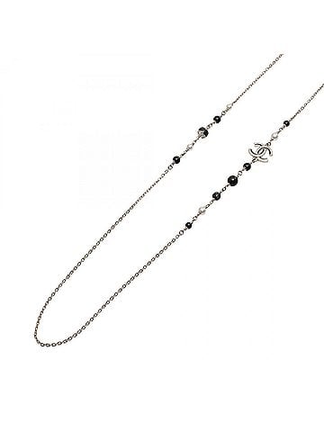 Chanel Chanel C25B Coco Mark Necklace, Gold Plated (GP), Faux Pearl, Rhinestone, Women's, Gold, Black, White (view 1)
