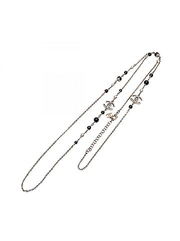 Chanel Chanel C25B Coco Mark Necklace, Gold Plated (GP), Faux Pearl, Rhinestone, Women's, Gold, Black, White (view 2)