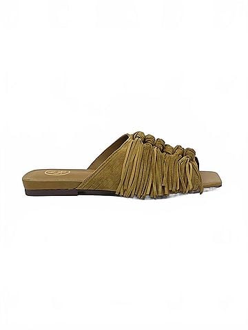 Ash Women's Brigitte Fringe Slide Flat Sandal in Green (view 1)