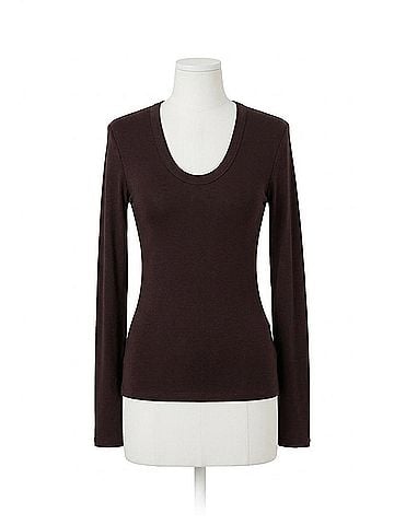 Enza Costa Silk Rib Long Sleeves U-Neck Top in Brown (view 1)