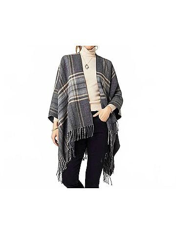 Coco + Carmen Fireside Cardigan With Fringe in Grey Plaid (view 2)