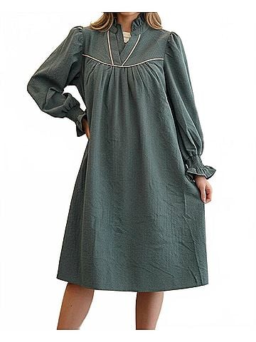 Umgee Women's Puff Sleeve Ruffled V Neck Dress in Stone Blue (view 2)