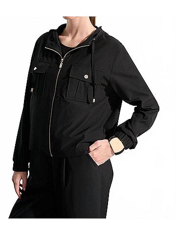 Joseph Ribkoff Hooded Zip Up Boxy Utility Jacket in Black (view 2)