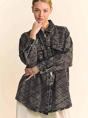 Davi & Dani Quilted Denim Shirt Jacket in Black (view 2)