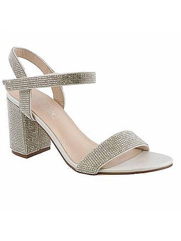 De Blossom Collection Women's Rhinestone Low Block Velcro Strap Heels in Silver (view 1)