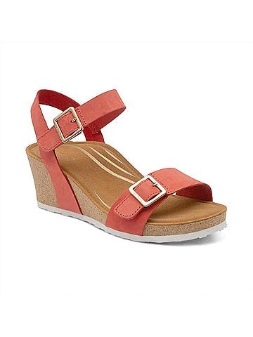Aetrex Women's Lexa Quarter Strap Wedge Sandal in Coral (view 1)