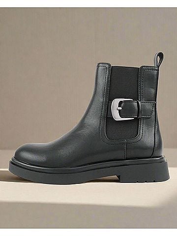 SODA Women's Glenna Low Heel Buckle Detail Ankle Boots in Black (view 2)