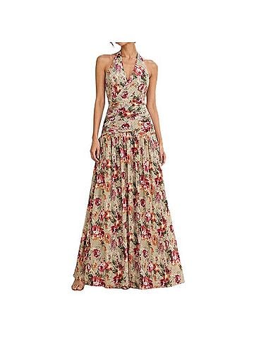 Lulus Sylvanna Sage Floral Halter Drop Waist Maxi Cocktail Dress (view 1)