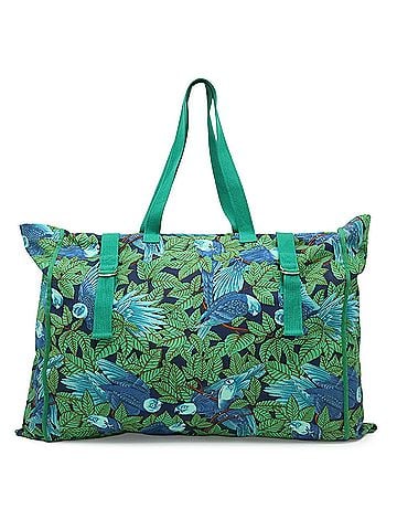 Hermès HERMES Large Tote Bag/Shoulder Bag with Botanical Bird Print (Parrot) on Canvas, Green/Blue (view 1)