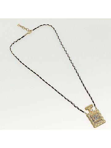 Chanel Cc Perfume Bottle Pendant Chain Long Metal With Leather, Crystals And Faux Pearl Gold Metal Necklace Jewelry (view 1)
