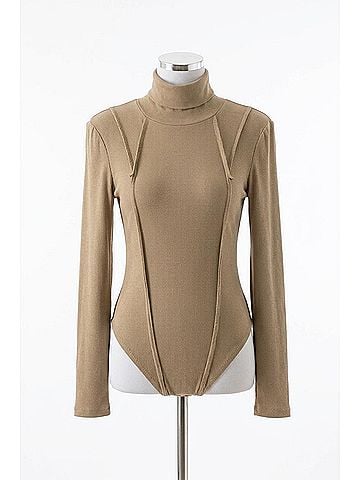 Pol Crotch Snap Button Turtle Neck Ribbed Bodysuit in Olive (view 1)