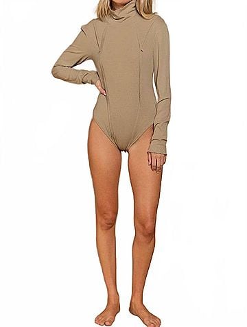 Pol Crotch Snap Button Turtle Neck Ribbed Bodysuit in Olive (view 2)