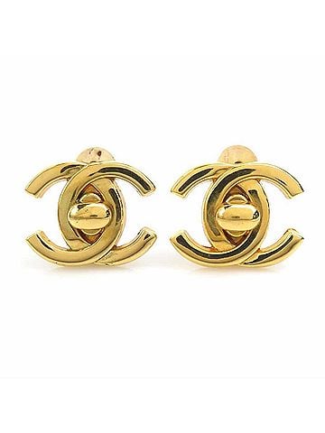 Chanel Chanel earrings, Coco Mark design, metal, gold, women's, e62268i (view 1)