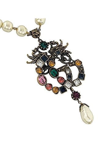 Gucci Gucci Women's Cat Head Double G Pendant Necklace with Faux Pearl and Multicolored Beads (view 1)