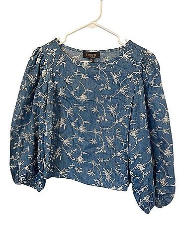 Truth Blue Denim Embroidered Puff-Sleeve Top Short Sleeve T-Shirt (view 1)