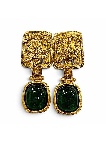 Chanel CHANEL Vintage 95A Coco Mark Gripoix Swing Earrings, Gold and Green, Made in France, Women's, with Box. (view 1)
