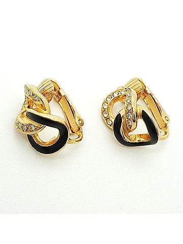 Christian Dior Christian Dior Earrings, GP Plated, Rhinestone, Gold, Black, Women's (view 2)