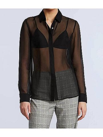 BCBGMAXAZRIA Chiffon Long Sleeve Button Down Shirt in Black (view 2)
