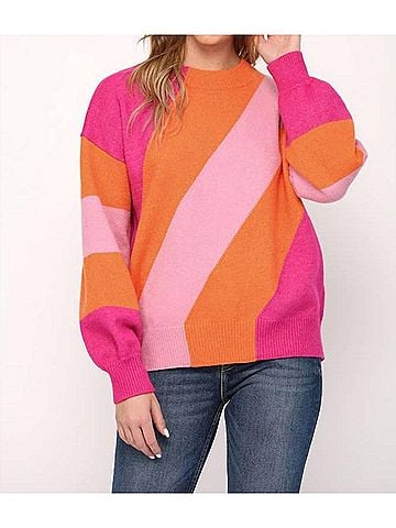 Fate Sweet Stripes Colorblock Long Sleeve Sweater in Orange Multi (view 2)