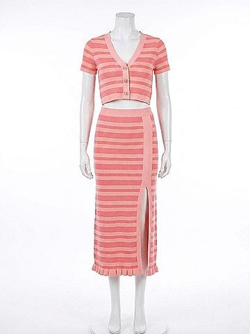 LUCCA Chelsea Cropped Cardigan in Pink Stripe (view 1)