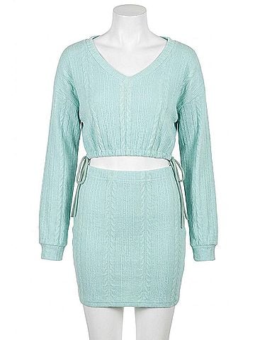 Haute Monde Kiki Knit Crocheted Mesh Top And Knit Crocheted Mesh Skirt Set in Mint Green (view 1)