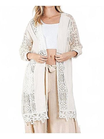 Blue Velvet Women's Lace Inset Cardigan in Natural (view 2)