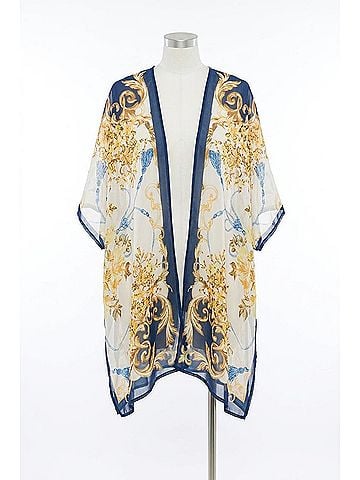 Flying Tomato Elizabeth Scarf Print Woven Cover Up Kimono in Blue Multi (view 1)
