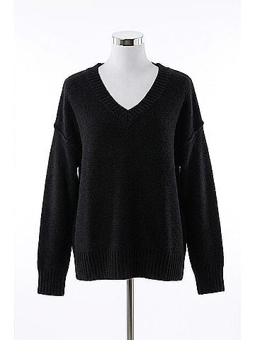 Very J Women's Oversized Chunky V Neck Knit Sweater in Black (view 1)