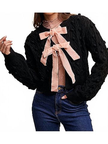Listicle Pom Cable Knit Tie Cardigan in Black (view 2)