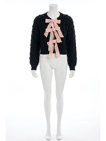 Listicle Pom Cable Knit Tie Cardigan in Black (view 1)